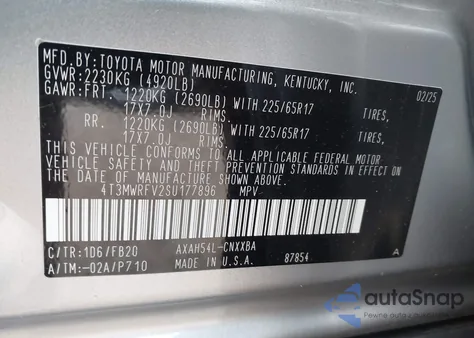 2025 Toyota Rav4 Hybrid Le z USA, uszkodzony, nr VIN 4T3MWRFV2SU177896